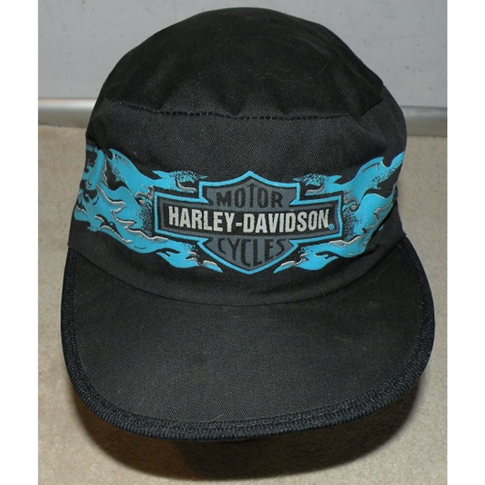 Vintage Harley Davidson Motor Cycles Painters Cap Black Blue Flames One Size USA